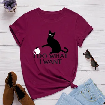 Прави това, което аз искам Тениска с принтом черна котка Жените с къс ръкав и кръгло деколте Свободна тениска Лятна дамски ежедневни тениска Върховете Camisetas Mujer
