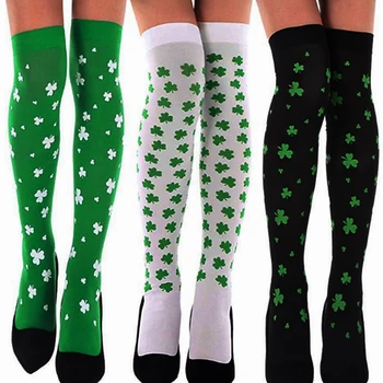 Празнична рокля за 3 чифта Чорапи за Деня на Св. Патрик За жени Детелина Над коляното Чорапи Ирландско парти в Бяло-зелено Райе Чорапи