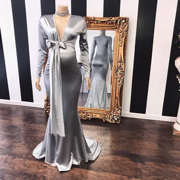Прекрасна атласное сребърен вечерна рокля Русалка с дълъг ръкав 2022 Секси вечерна рокля с дълбоко V-образно деколте за бала с коланите Robe de Soiree