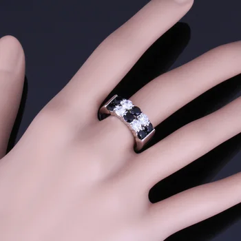 Прекрасно Кръгло Черно Циркониевое пръстен с Бял КАМЪК Посеребренным покритие V0081