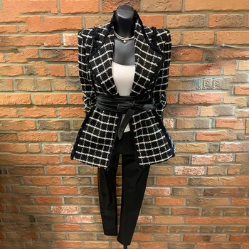 Пролет Есен 2021 Дамски Нова елегантна черно-бяла клетчатая пиджачная яке с дълъг ръкав, тънък женски стеганое вълна палто, сако