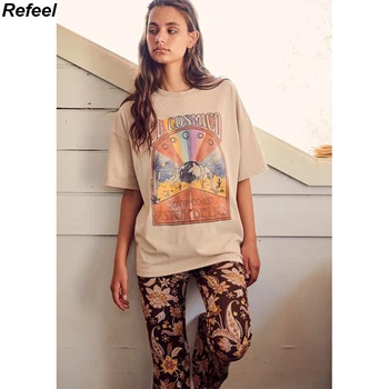 Пролет лято мешковатая тениска модерен дръжкова яка за текстури с сито печат негабаритная памучен тениска за жени
