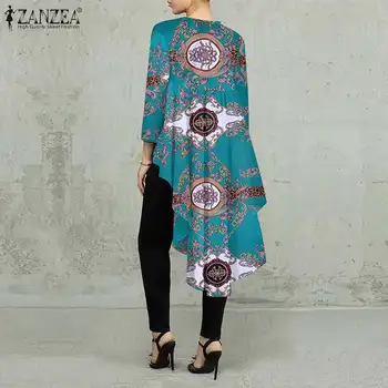 Пролетната дамска блуза с принтом ZANZEA Ежедневно с дълъг ръкав и цветен модел, е дълга риза, Ретро асиметричен подгъва, Блузи, ретро, висока ниска риза