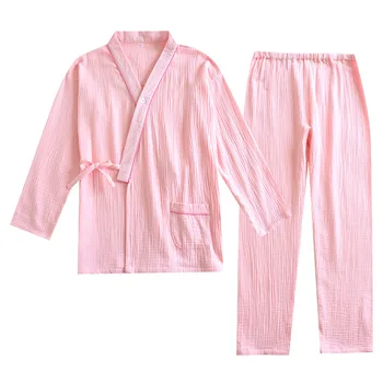 Пролетно-есенен пижамный комплект За жени от чист памук, Креп с дълги ръкави Кимоно Дамски пижами Свободен удобен мек костюм от две части Домашно облекло