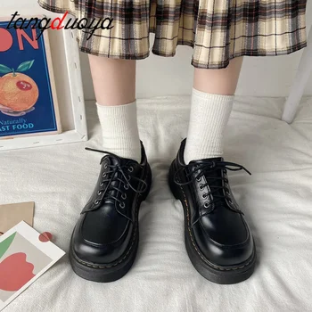 Пролетно-есенни женски оксфордские обувки на плоска подметка Ежедневни обувки черни кожени обувки с дантела-за шиене с кръгла глава Zapatos Mujer обувки на платформа