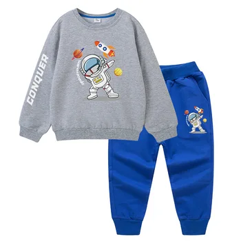 Пролетно-есенни комплекти дрехи за момчета и момичета, Модни блузи с дълъг ръкав + Спортни панталони с принтом Астронавти Зимен спортен костюм
