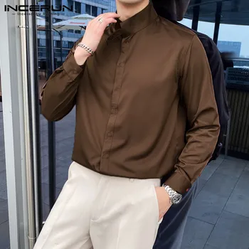 Пролетно мъжки Ежедневни риза Монофонични на ревера с дълъг ръкав за почивка Camisas Градинска дрехи копчета за почивка, Бизнес ризи За мъже 5XL INCERUN