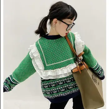 Пуловер с кръгло деколте и принтом за момичета, детски връхни облекла в корейски стил с волани за деца плюс velvet модерен пуловер 6-14 години ws1936