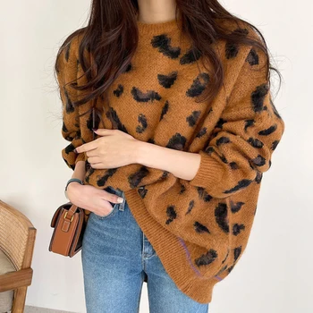 Пуловер с леопардовым принтом ONALIPPA Женски корейски шик Ретро Мързелив Стил с кръгло деколте Свободен мохеровый пуловер с дълги ръкави, удобен за кожата