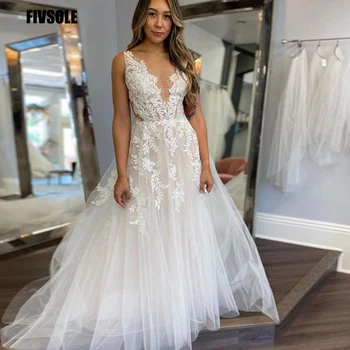 Пятислойное сватбена рокля от тюл без облегалка с V-образно деколте и аппликацией без ръкави по цялата Дължина на Елегантни Сватбени рокли 2021 Vestido De Новия