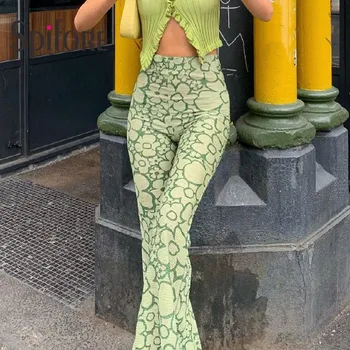 Размерът / видът на предните Капри Широки и тесни панталони с висока цветя талия, шикозни и секси дамски зелени панталони Y2K, Дамски Ежедневни панталони 2021, Спортни панталони