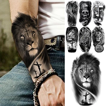 Реалистичен Лъв Предното Рамо на Кръста Временни Татуировки За Мъже Възрастен Вълк Лъв Череп Компас Фалшива Татуировка е Стилен Водоустойчива Хартия за татуировки