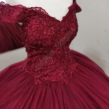 Реколта Бордо Буйни рокля с открити рамене, за 15 Момичета Бална рокля Апликации, Мъниста Перлен Блестящ Тюл Рокля за бала