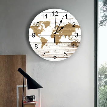 Реколта Дървена Текстура Карта на света с принтом Стенни Часовници Стенно Изкуство Безшумни Не тикающие Кръгли Стенни часовници за домашен интериор е най-Добрият подарък