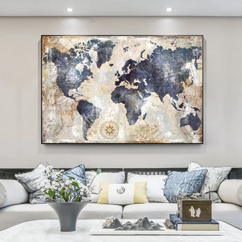 Реколта Карта на света Картина на платно Скандинавските Плакати и щампи Куадрос Стенни Художествени картини за Хола Декорация на дома