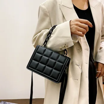 Ретро Дамска чанта-чекер на рамото Однотонная дебела чанта през рамо с верига от Ежедневни дамски малка чанта с капак