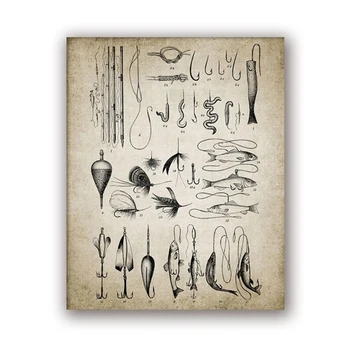 Ретро Постер Стари Рибарски Принадлежности Печат Прът Куки Стръв За Риболов Декор На Стените Манкейв Плакат Художествена Живопис Картина На Риболова