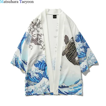 Риза в японски стил кимоно Мъжка блуза в стил Харадзюку с принтом под формата на вълни и вятъра дракони Ризи с японски ръкав прилеп