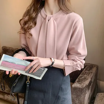 Риза е Просто обикновена лента с кръгло деколте и дълъг ръкав Модни дамски модни офис дама Елегантна шифоновая розова блуза с лък