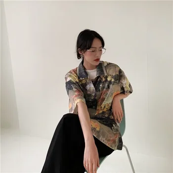 Ризи Женски Реколта с принтом с къс ръкав Широки, тънки и удобни отложной яка Мода градинска облекло и интериор в японски стил Блузи за момичета