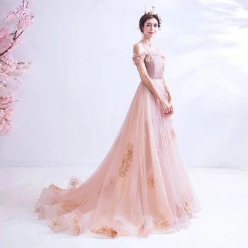 Розова рокля за бала Дълго 2020 с открити рамене Тюл Лейси апликация във форма на пръчки Вечерна рокля Гънки Hi-lo стрелка с форма на струята на Жените рокли на склад