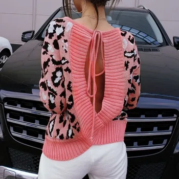 Розови Леопардовые пуловери с открити рамене за жените Пуловери с дълъг ръкав и кръгло деколте, секси женски скок с отворен гръб 2021 Sueter Mujer A40