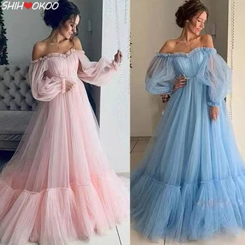 Розово-сини рокли за абитуриентски бал с дълъг ръкав с открити рамене Марлевое Принцеса рокля 2021 Бална рокля за Срещата на завършилите вечерни рокли, Вечерни