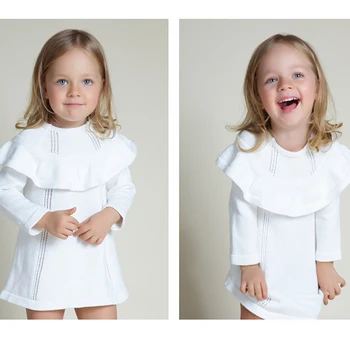 Рокля-пуловер принцеси за момичета Ново 2018 Пролет-есен вязаное сладко бяло детска рокля, Детско рокля до коляното за малки момичета рокля