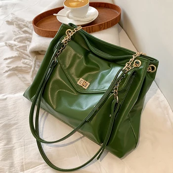 с доставка големи чанти през рамо от изкуствена кожа за жени 2022 Хит тенденция Луксозна марка Модна верига Странични Чанти за рамо зелен