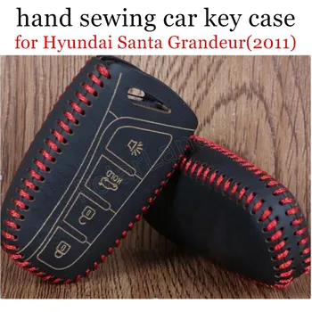 Само червен фабрично калъф за ключове от колата ръчно шивашки от естествена кожа калъф за ключове от кола, подходящ за Hyundai Santa 4 button Grandeur(2011)