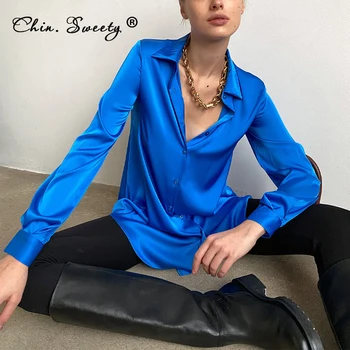Сатен, синьо Елегантен Дамски топ риза с дълъг ръкав Ежедневни дамски копчета Обикновена зелени ризи Офис дами 2022 Пролетни блузи облекло