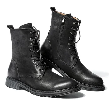 САЩ 6-10 Висококачествени мъжки обувки от естествена кожа, дантела, обувки до средата на прасците, Ежедневни зимни мотоциклетни ботуши с цип