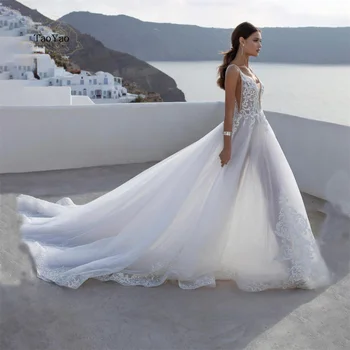 Сватбена рокля в стил Бохо с дълбоко V-образно деколте без ръкави с отворен гръб и аппликацией, Сексуална бяла сватбена рокля с отворена страна, Сватбената рокля Vestidos De Новия
