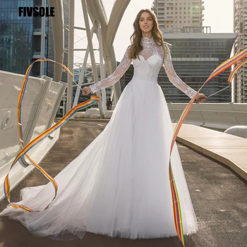 Сватбена рокля с висока врата до петите с дълги ръкави Vestido Feminino Бяло луксозно бельо рокля с пайети трапецовидна форма Vestido De Noiva