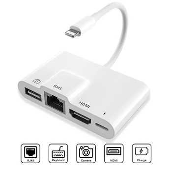 Светкавица към Rj45 Ethernet LAN, HDMI Адаптер 4 КЪМ ТВ USB Хъб OTG Кабел За Зареждане Конвертор Телефонни Адаптери за iPhone 12/11 Pro iPad