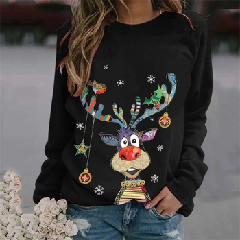 Свободен стил на Зимни дамски Коледна hoody с качулка с принтом Лосове с дълъг ръкав и кръгло деколте Hoody Върховете на Коледно облекло Коледни подаръци
