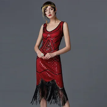 Секси вечерна рокля 1920 - те Great Gatsby Flapper Vestidos с пайети от мъниста и ресни Вечерна рокля с V-образно деколте, украшенное ресни без ръкави