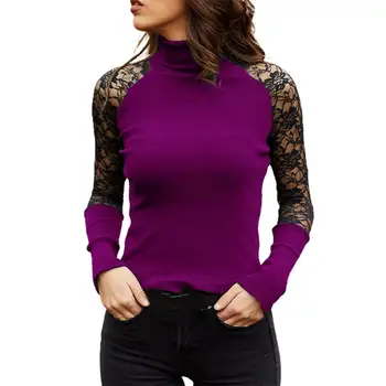 Секси Реколта блуза, Сексуална имитация на шията Лейси ред Плътен цвят Пуловер райе с яма Блуза, Топ Женска риза Дамски блузи пуловер