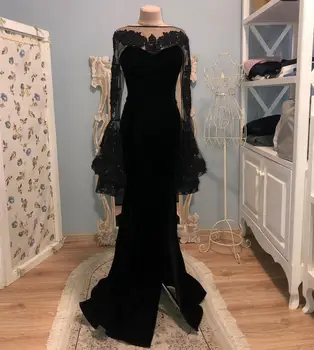 Секси Русалка с дълъг ръкав Ven Dres Черно 2021 Нови буйни дантелени апликации V-образна поредица за жени Вечерни рокли за партита Елегантни