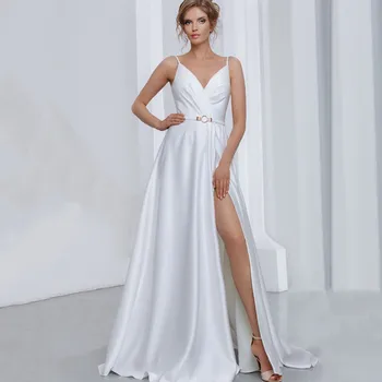 Сексуалното атласное сватбена рокля трапецовидна форма с V-образно деколте 2021 на спагети презрамки с разрезными коланите Булчинска рокля с отворен гръб за булчински влакове Robe De Mariee