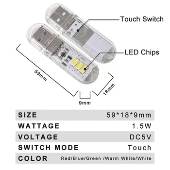 Сензорен прекъсвач DC5V USB LED Мини-книгата на Лампа 1,5 W 3 Led Настолна Лампа за четене Червен Зелен Син Бял Преносим Гъвкав USB LED нощна светлина
