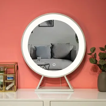 Скандинавски led огледало за грим в 3 Цвята, С Променлив Осветление Умна Златна метална рамка с Кръгло десктоп огледало за шкафа Декоративно Огледало, 50 см MJ
