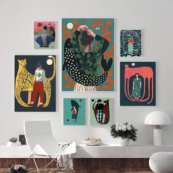 Скандинавските Плакати Печатна Илюстрация на Жената Риби, Растения и Животни Ягуа Стенно Изкуство Платно Живопис Картина За Хола Начало Декор