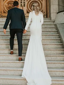 Скромни сватбени рокли на Русалка 2021 година с дълъг ръкав Бато стрелка с форма на панделка Сатен, Селска градина Сватбени рокли vestidos de новия рокля