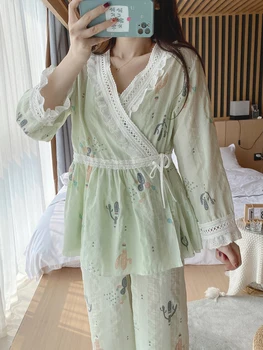 Сладка пижама с принтом кактус За жени Комплект от 3 теми 2021 Пролет/Лято Пижама с дълги ръкави от корейски памук Домашни дрехи с подплата на гърдите