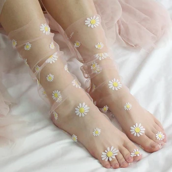 Сладки цветя дамски чорапи тънки Прозрачни чорапи с цветя за момичета Модни шифоновые тюлевые дълги чорапи Calcetines Mujer Лято