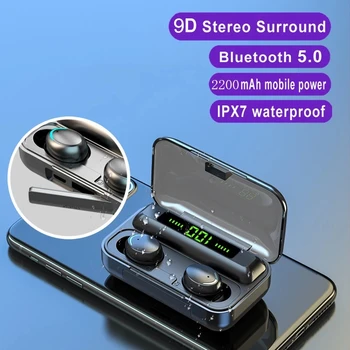 Слушалки F9 Bluetooth 5,0 Слушалки Тъчпад слушалки с пръстови отпечатъци 9D Стерео HiFi Слушалки Безжични за спорт зарядно устройство с предавателна