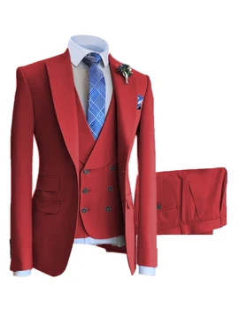 СОЛОВЕДРЕСС Мъжки бизнес костюм от 3 части Червен двубортный За срещи, партита, Сватби, Официални събития, Настройка, Намаляване на размера на
