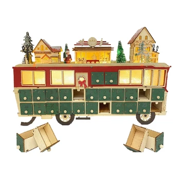 Творчески Коледен Дървена Адвент-Календар с Автобус украса с чекмеджета Led осветление Селски Сцени 24-дневен Обратното Броене Коледната Маса
