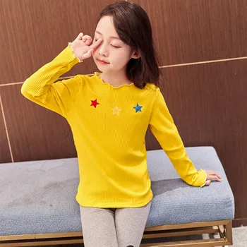 Тениска с дълъг ръкав за момичета 2022 Есен Нова корейска памучен тениска от ликра за момичета с волани и Фина бродерия